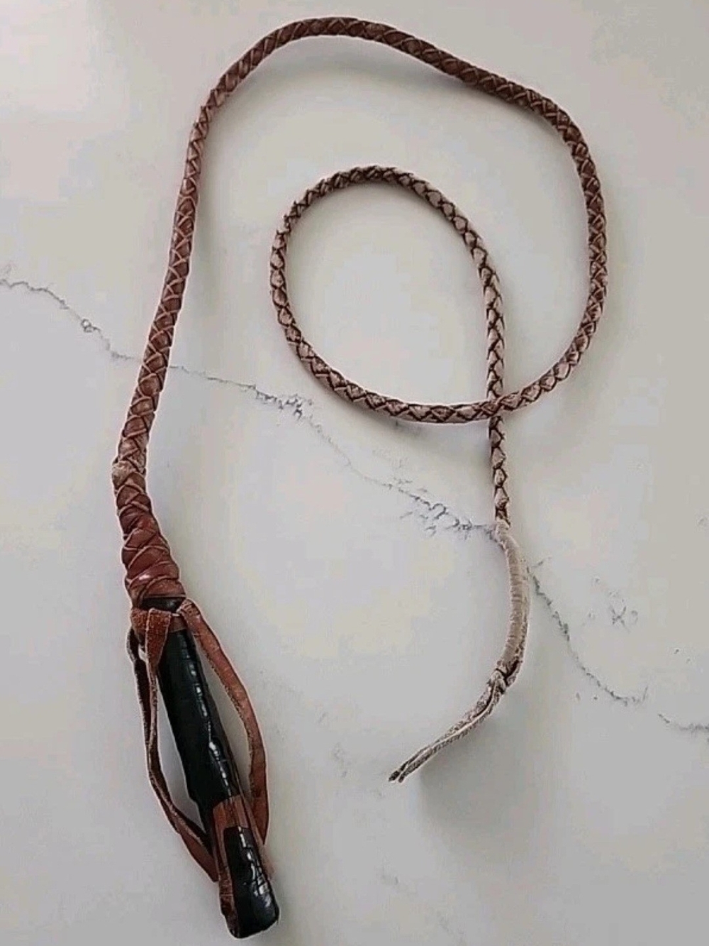 Braided Leather Réata/Rope with Rawhide Handle - Brown